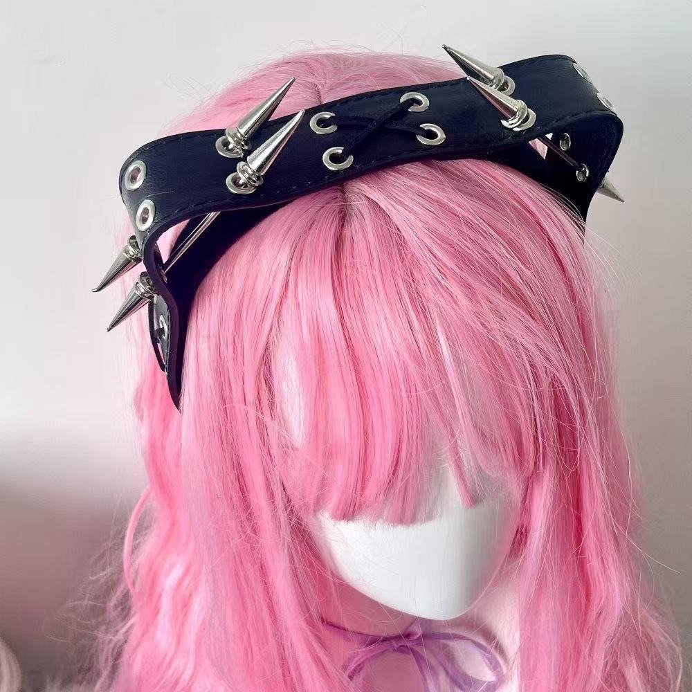 Leatherwork Rivets - Punk Harajuku Rivet Headband, Y2K Alt
