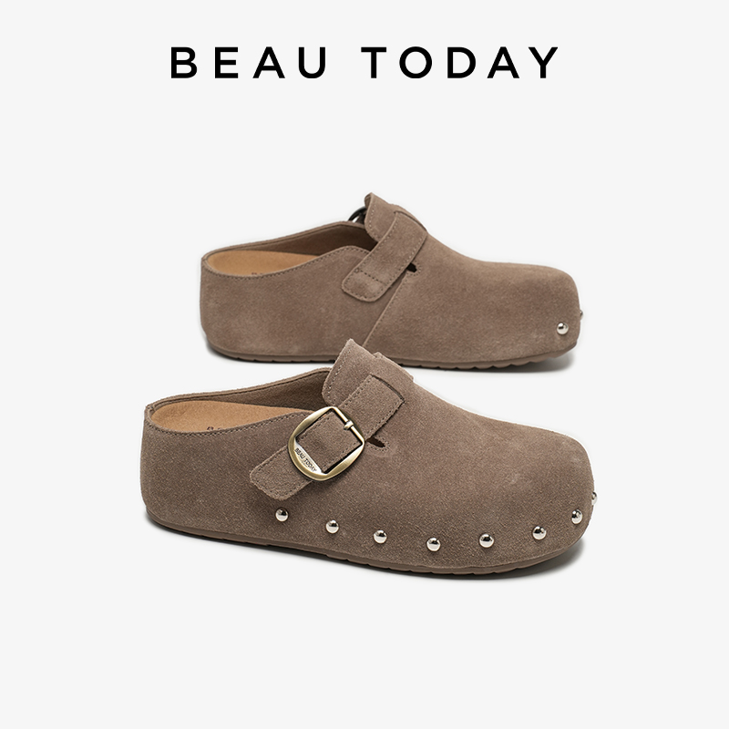 Leatherwork Rivets - BEAUTODAY Casual Mules Women Cow Suede
