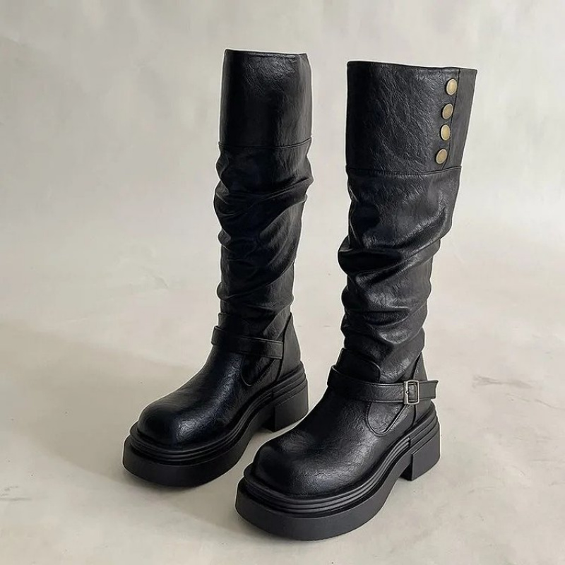 2026 Punk Knee-High Boots Wome - Leatherwork Rivets recension och pris