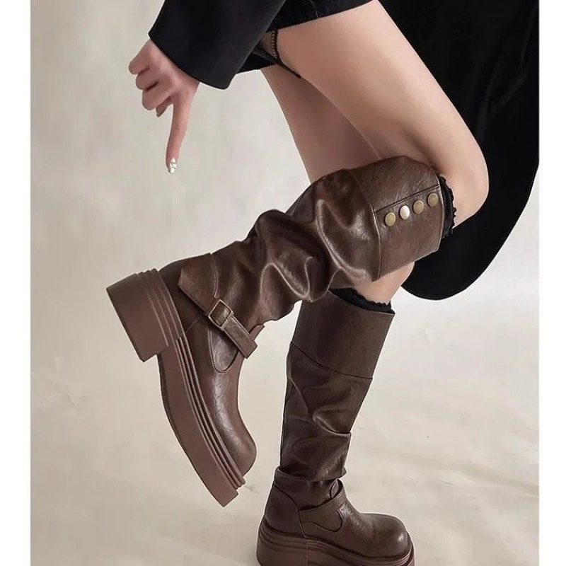 2026 Punk Knee-High Boots Wome - Leatherwork Rivets recension och pris